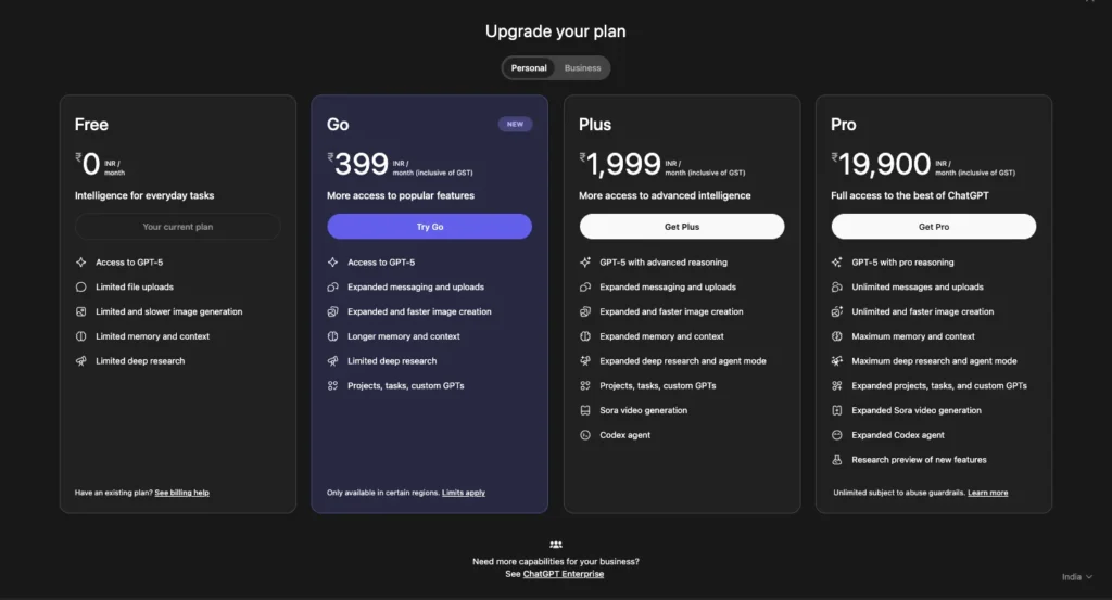 Price Comparison of Chatgpt Plans - Chatgpt Go