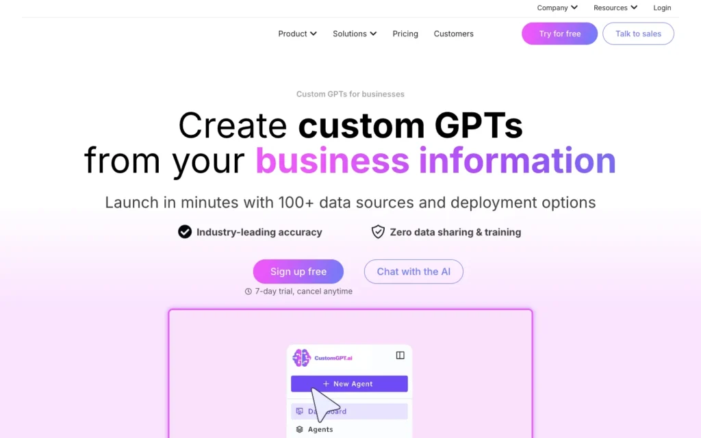 Click Sign Up For Free on Customgpt.ai