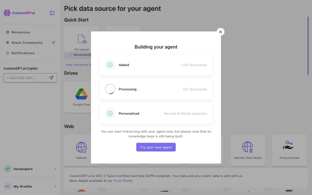Customgpt.ai will process the your website's/document's data